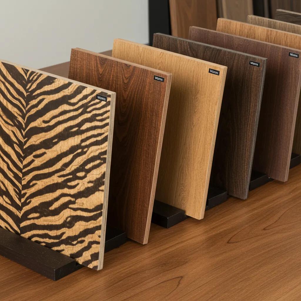 Close-up of exotic hardwood samples, highlighting their distinctive grain patterns and rich colours