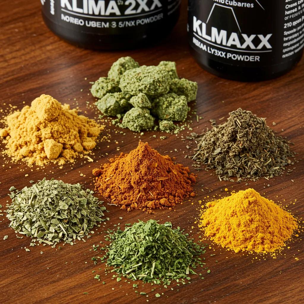 Close-up of key ingredients in Klimax 2XX Powder, showcasing herbal blends and synthetic cannabinoids