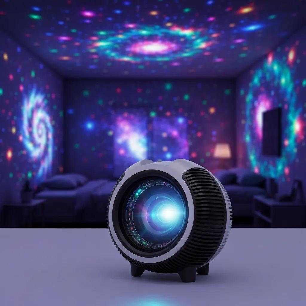 Close-up of an LED star projector showcasing its customisable settings and stunning cosmic projections