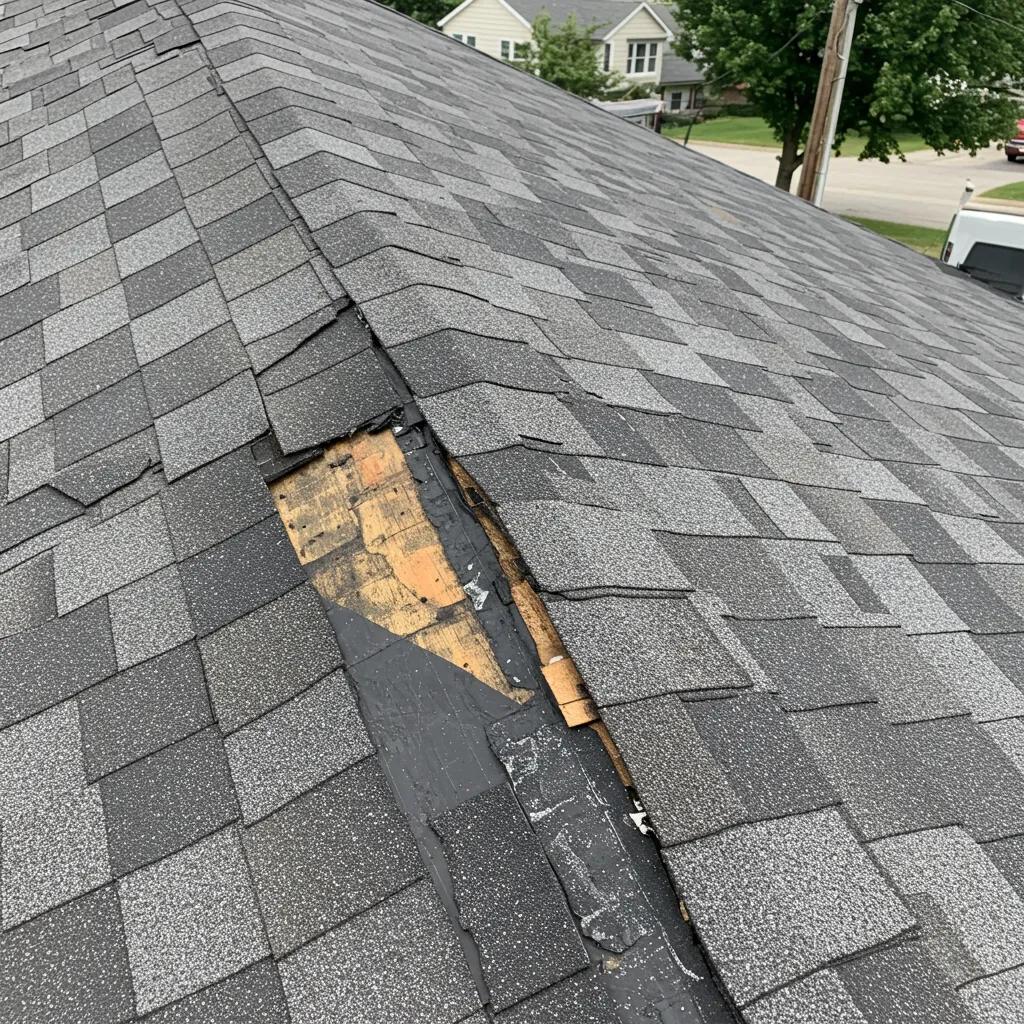 Close-up of missing and damaged shingles on a roof, indicating potential water intrusion risks