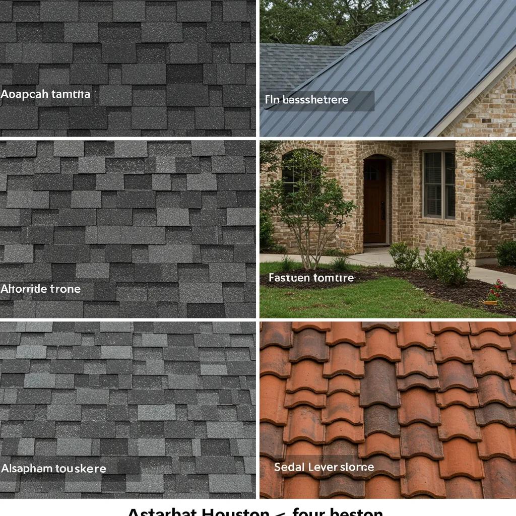 Close-up of roofing materials including asphalt shingles, metal panels, and tile, emphasizing quality and durability