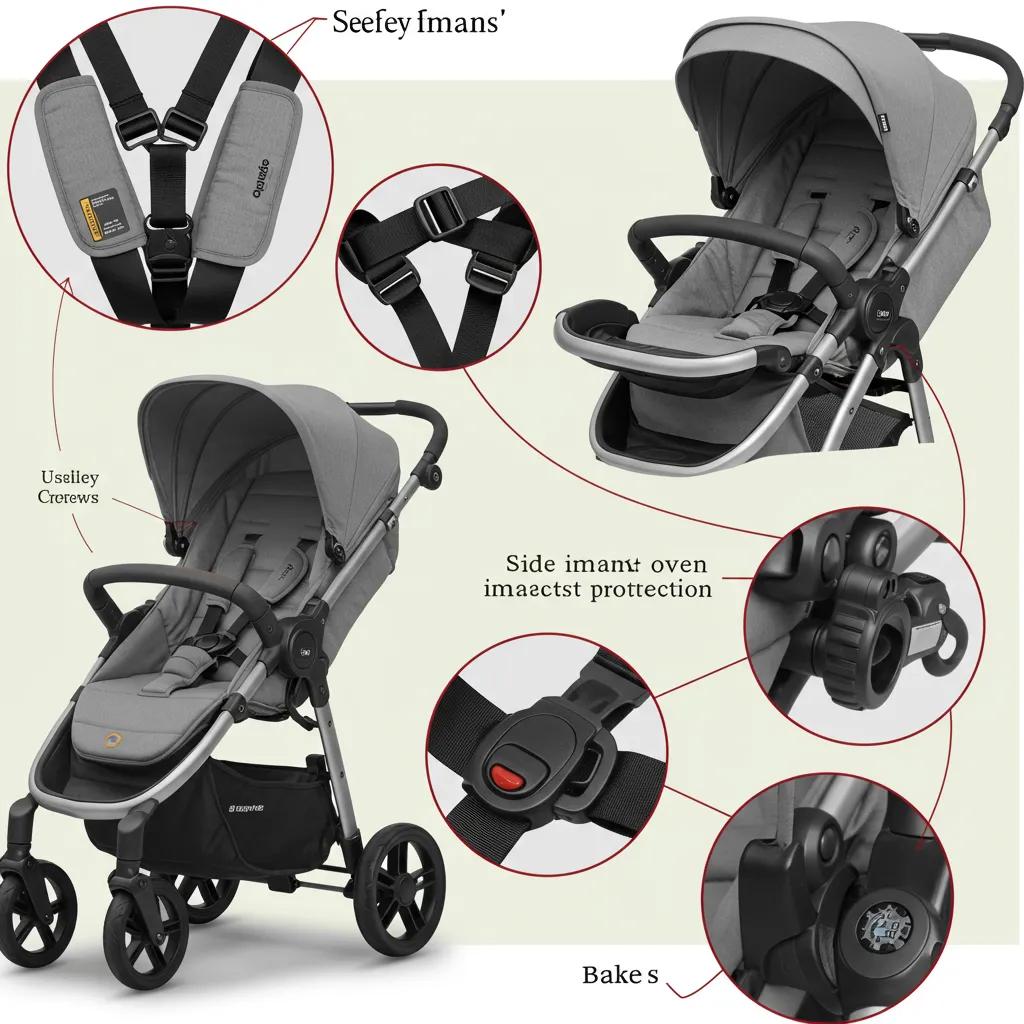 Close-up of safety features in a baby travel system, including a 5-point harness and side impact protection