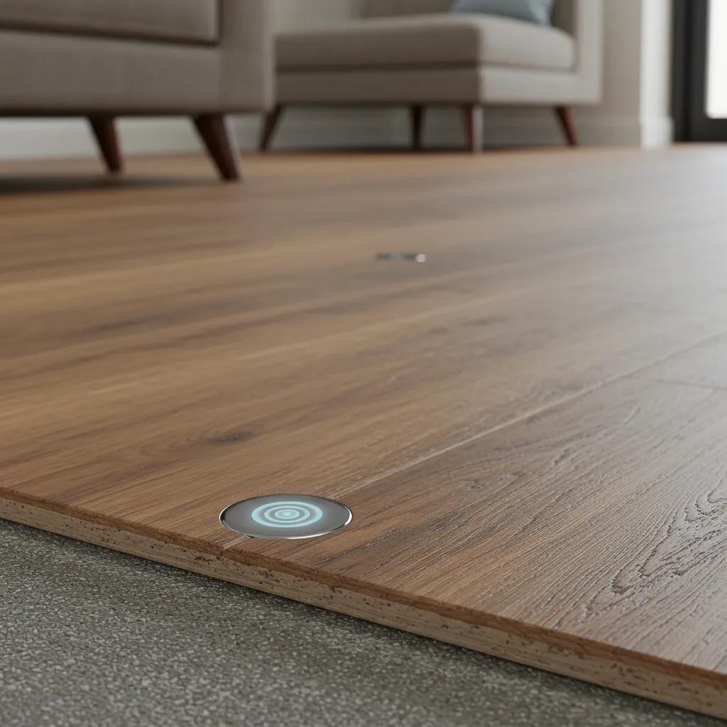 Close-up of smart flooring technology with embedded sensors in a modern home setting