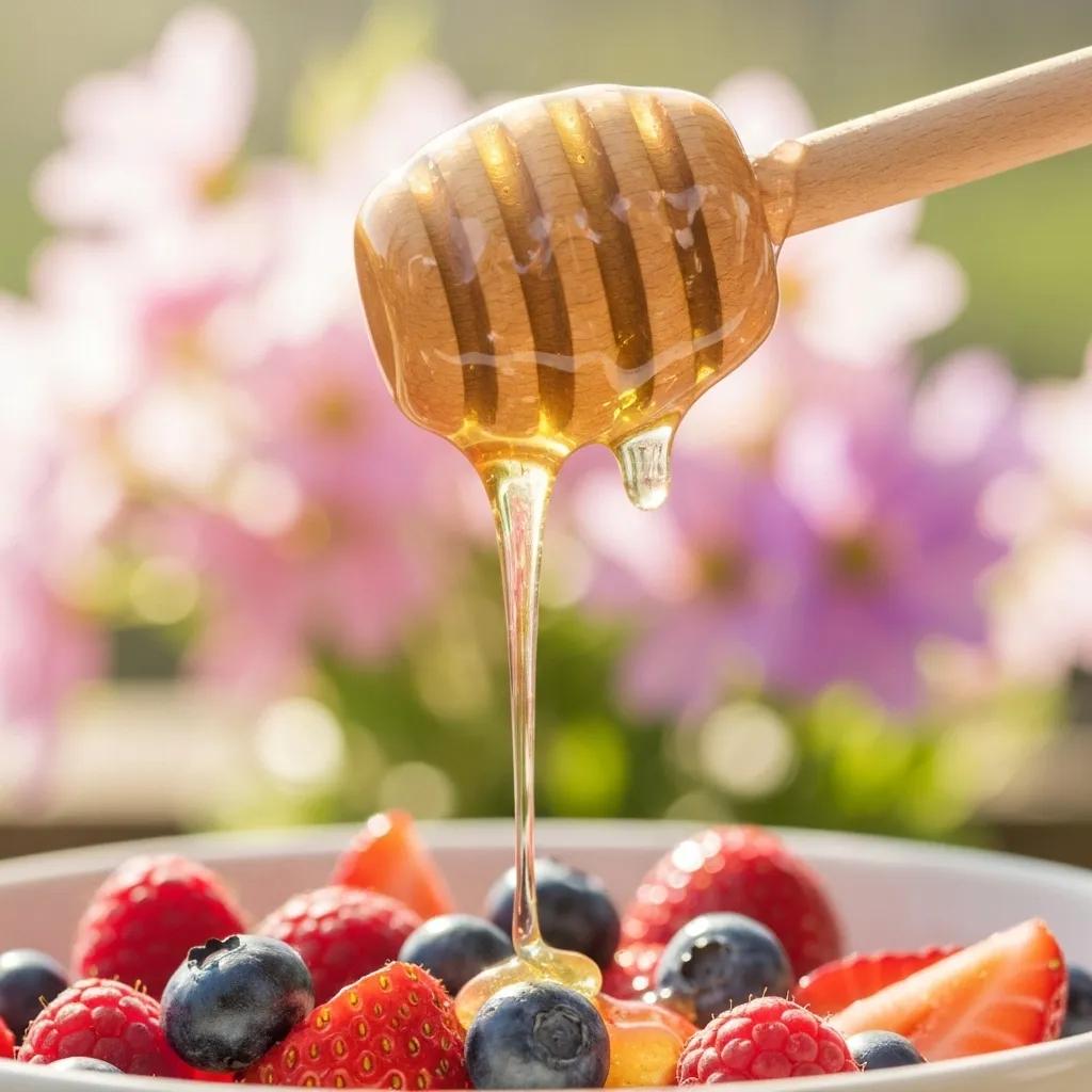 Close-up of spring honey drizzling over a fruit salad with spring flowers in the background