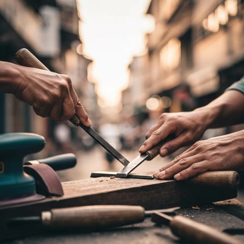 A close-up view of a skilled woodworker's hands carefully shaping a piece of furniture, highlighting the precision and artistry of the handcrafting process