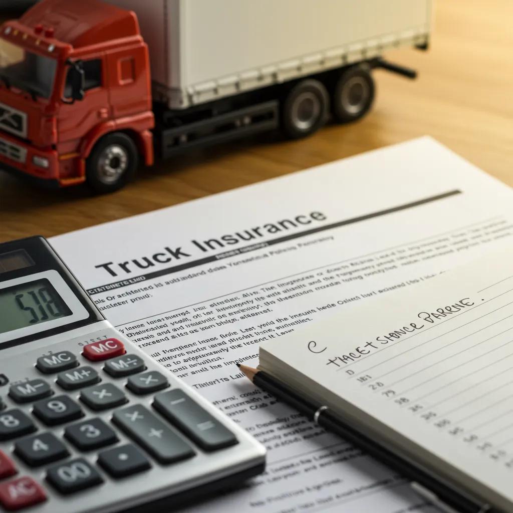 Close-up of a truck insurance policy document with a calculator and notepad
