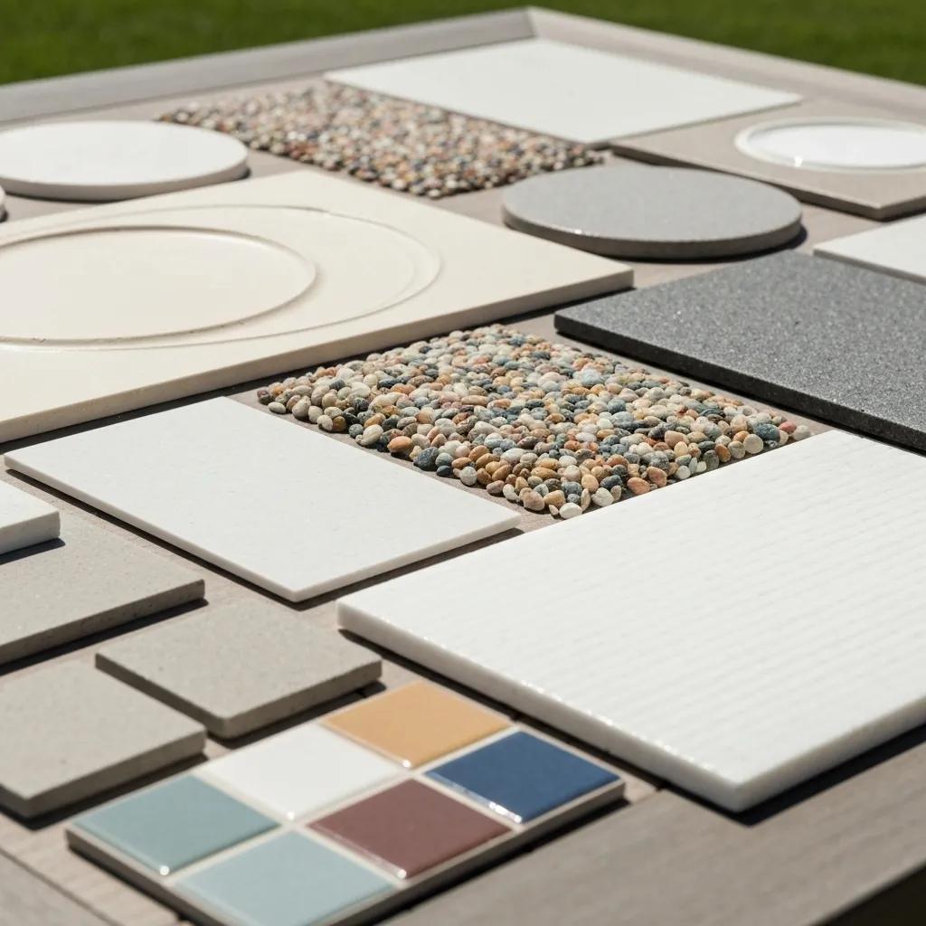 Close-up view of various pool resurfacing material samples, including plaster, pebble aggregate, and tile options