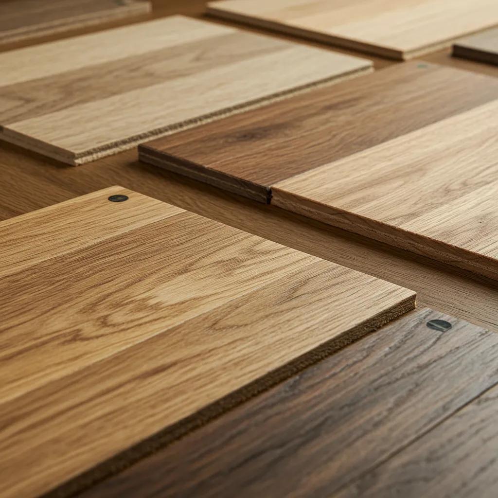 A close-up of various wood flooring samples, highlighting their textures and different wood species