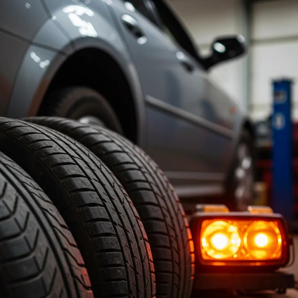 Detailed view of worn tyres and malfunctioning lights, highlighting typical MOT failure causes