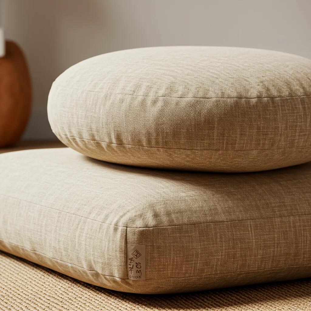 A close-up view of zafu and zabuton cushions, showcasing their distinct ergonomic shapes and natural textures
