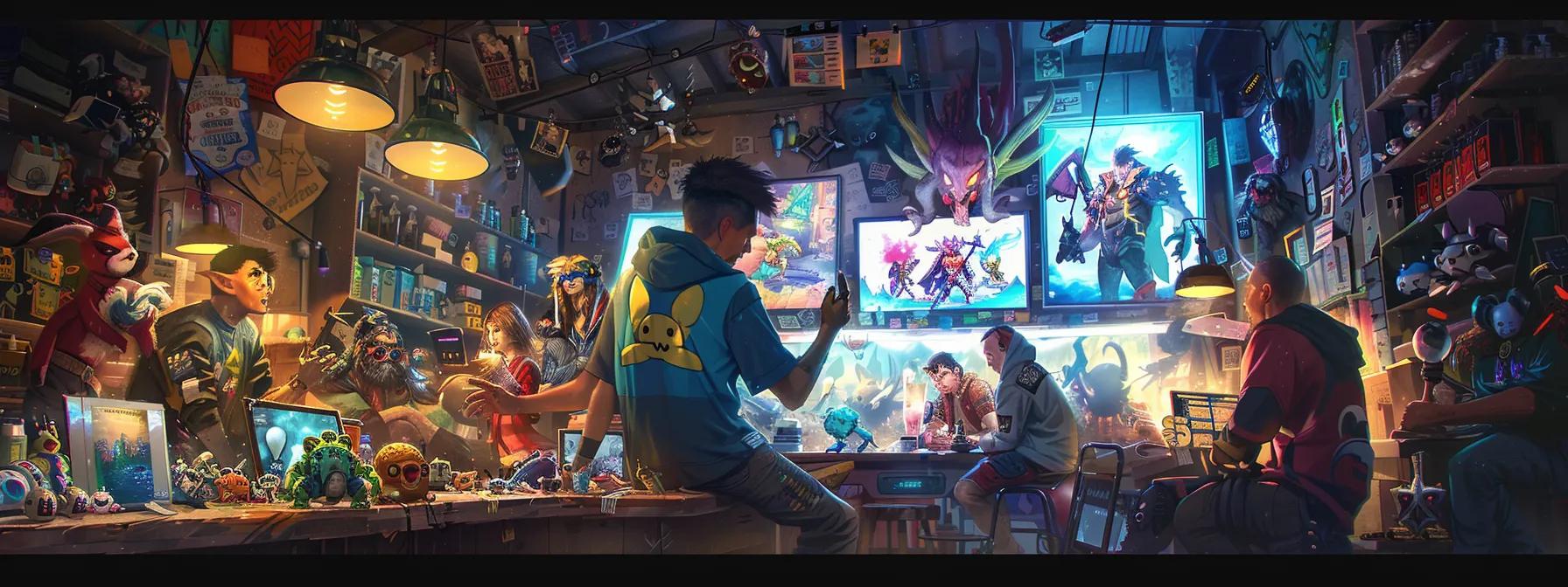 a vibrant and cluttered gaming studio, filled with colorful character sketches and humorous notes, showcases a diverse group of players animatedly discussing their outrageous character builds against an eye-catching backdrop of fantasy artwork. a vibrant and cluttered gaming studio, filled with colorful character sketches and humorous notes, showcases a diverse group of players animatedly discussing their outrageous character builds against an eye-catching backdrop of fantasy artwork.