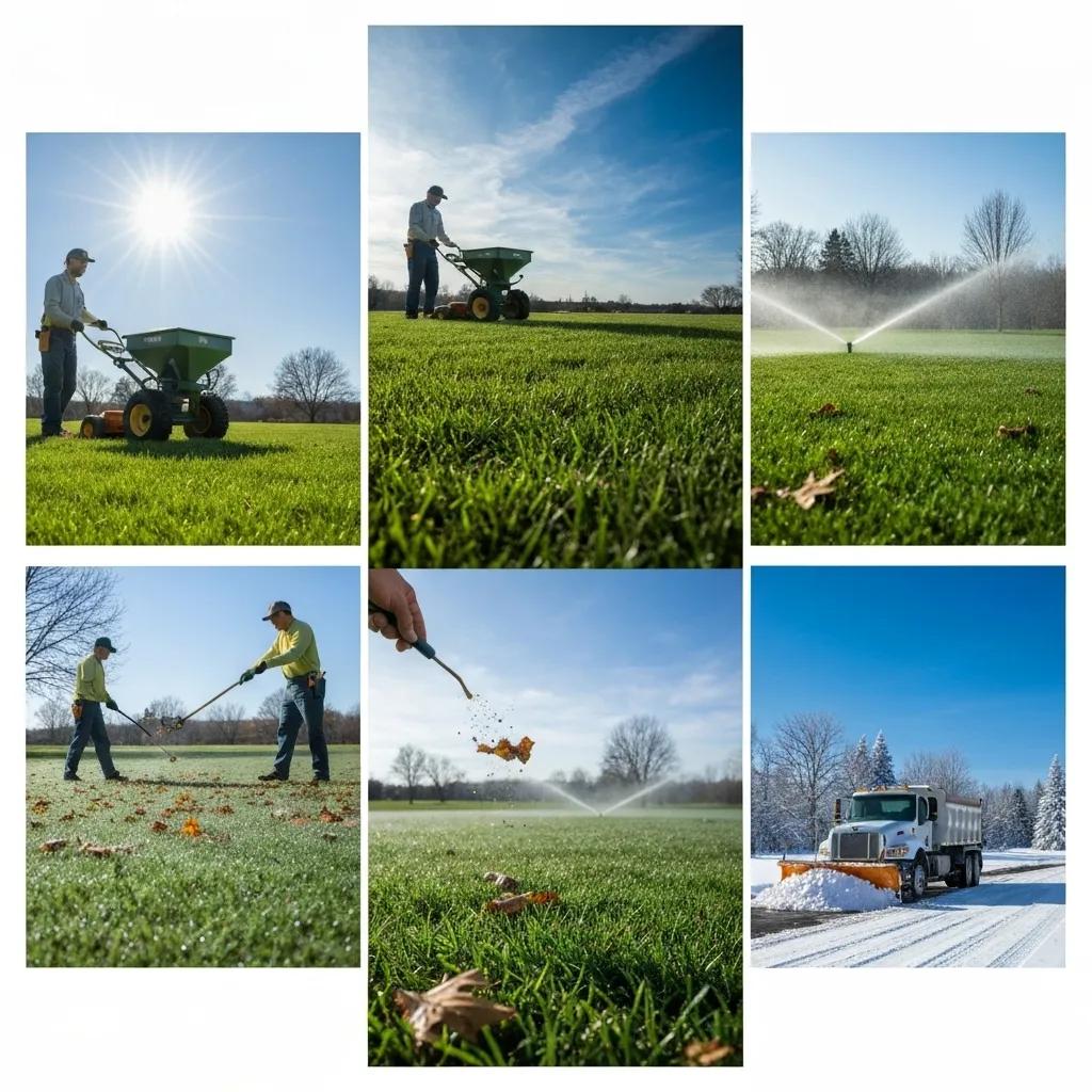 Collage of seasonal lawn care services including fertilization, irrigation, overseeding, and snow removal