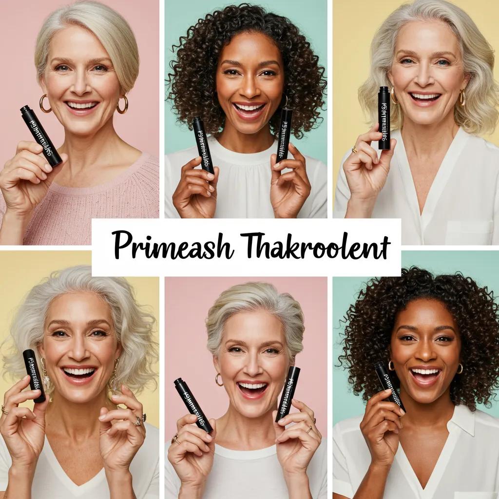 A joyful collage of diverse older women smiling, their eyes enhanced with Primelash Mascara