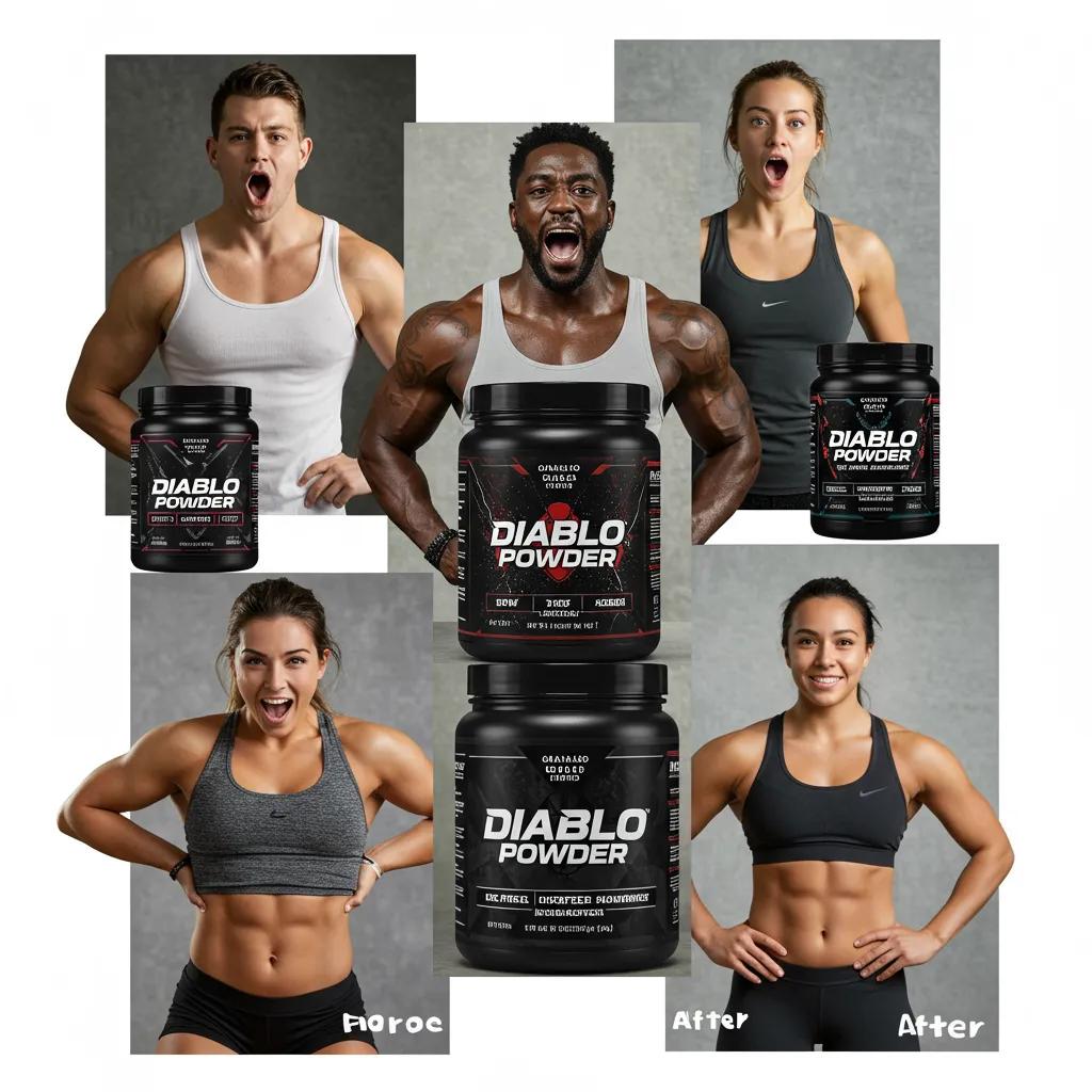 Collage of user testimonials with before-and-after photos showcasing successful transformations using Diablo Powder