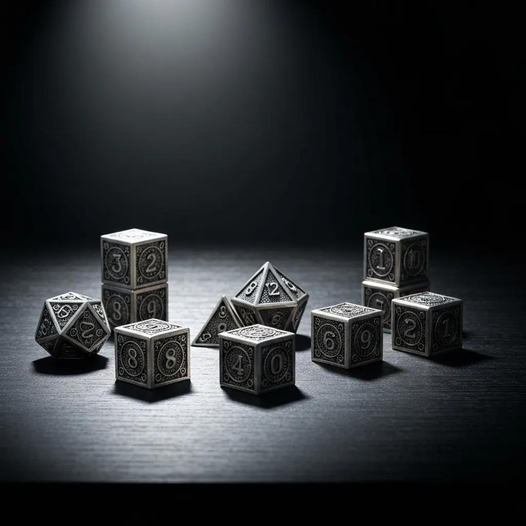 A curated collection of exquisite metal dice, including zinc alloy and brass, resting elegantly on a deep velvet cloth.