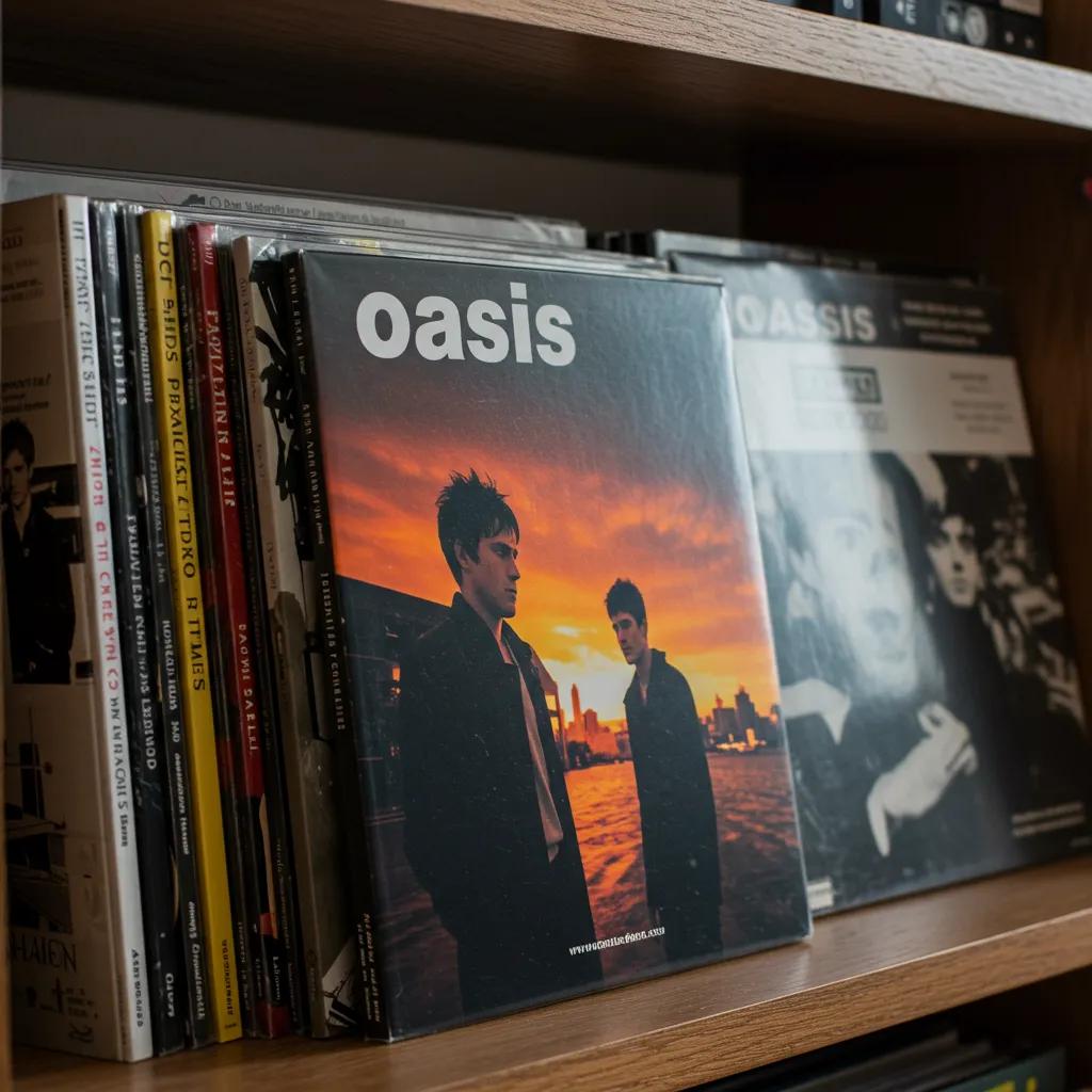 A vibrant display of Oasis vinyl records on a shelf, showcasing their iconic album art and colourful pressings