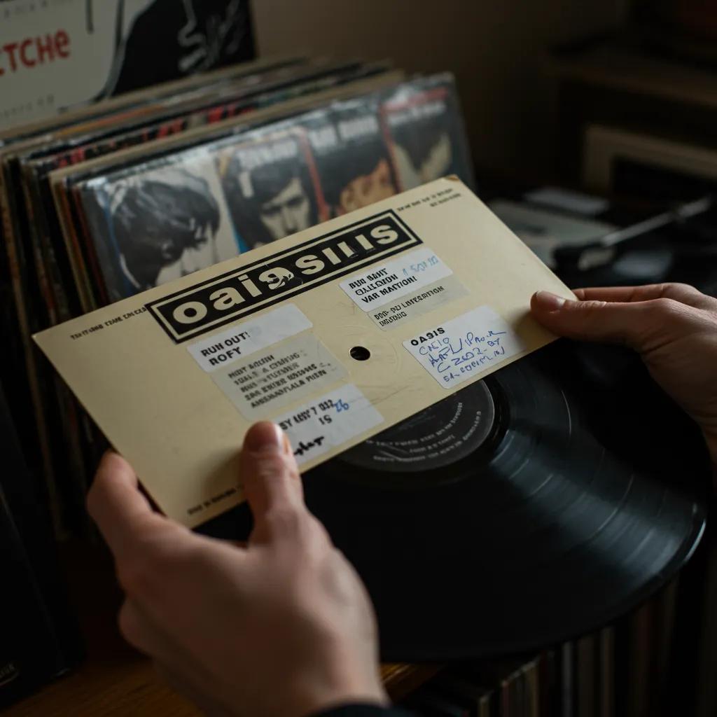 A collector meticulously inspecting an Oasis vinyl record, paying close attention to the run-out matrix numbers and label variations