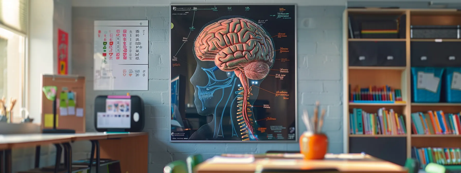 ein farbenfrohes anatomie-poster hängt an der wand, detailreich das zentrale nervensystem und das menschliche gehirn darstellend, um das verständnis im unterricht zu fördern.