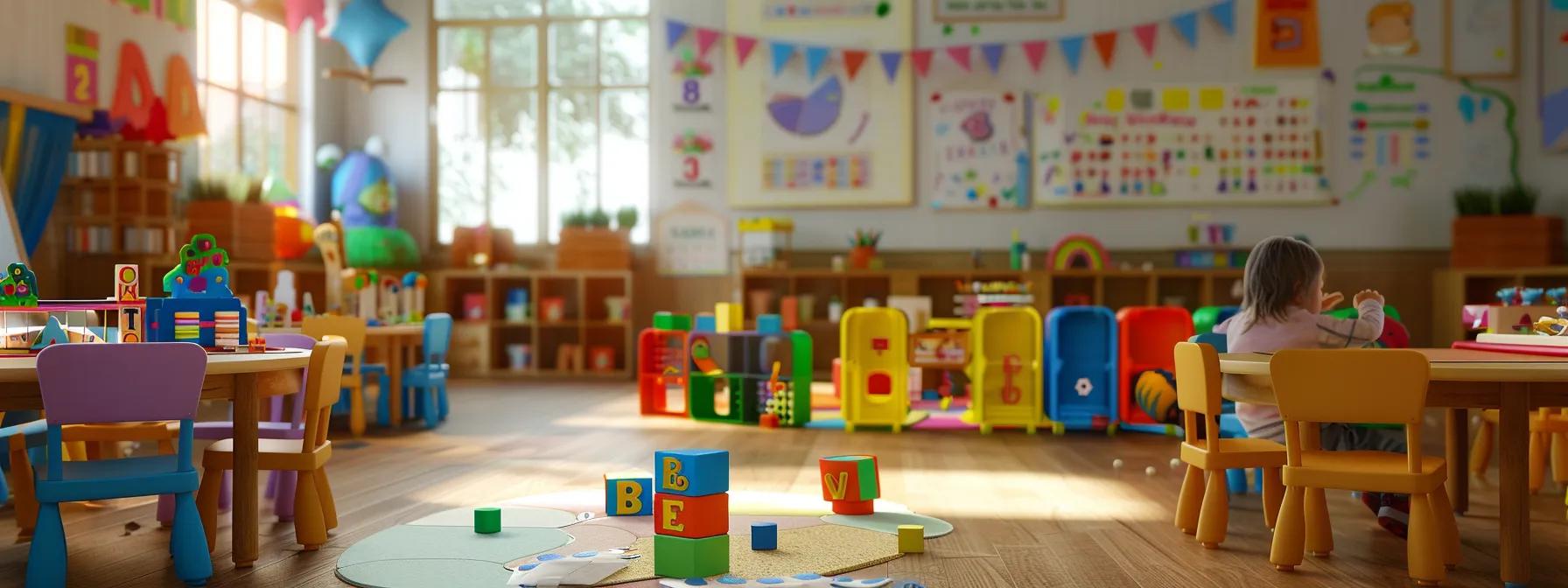 a vibrant preschool classroom filled with colorful alphabet blocks and playful learning aids, showcasing toddlers engaged in dynamic letter b activities surrounded by cheerful educational posters.