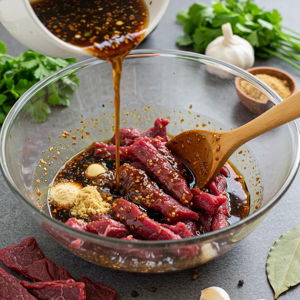 Vibrant marinade ingredients for beef jerky being poured over raw beef strips, ready for flavor infusion