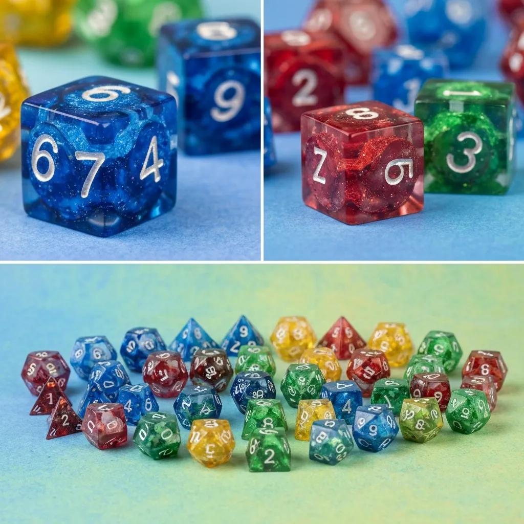 A dazzling array of resin dice, showcasing liquid core and intricate swirl designs, set against a vibrant, energetic background.