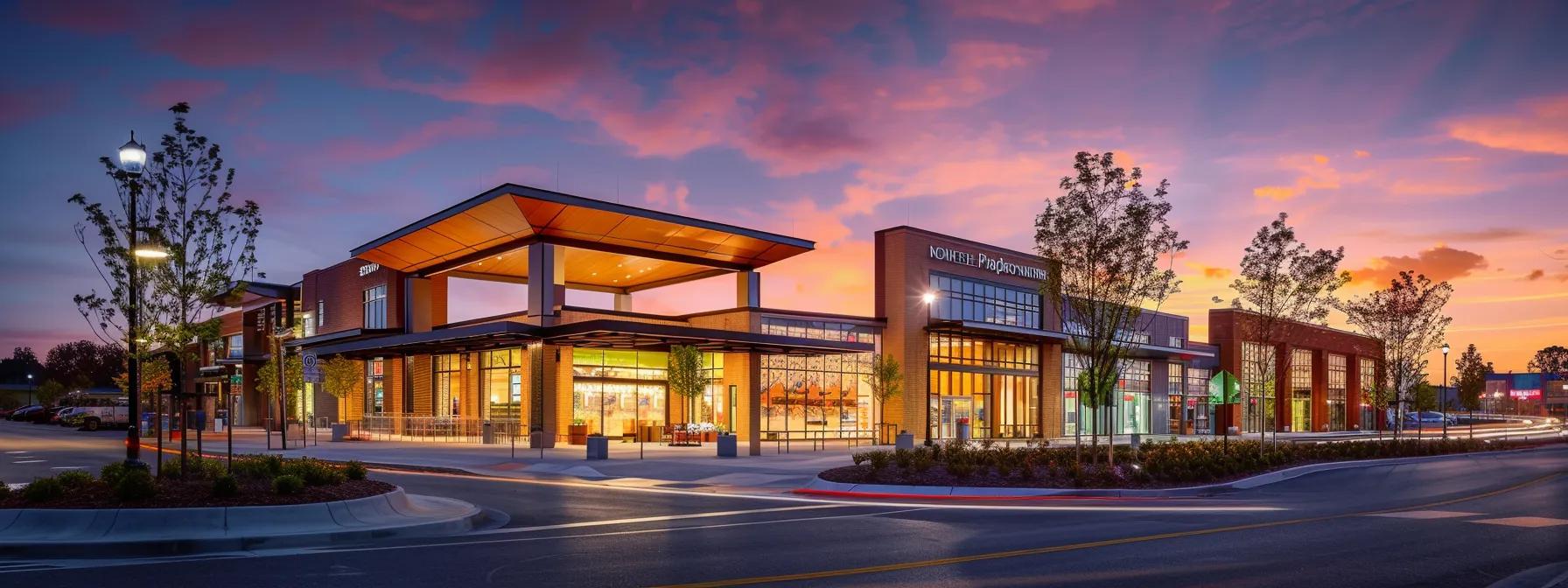 a gleaming, freshly power-washed commercial building stands prominently in an urban setting, displaying vibrant colors and immaculate surfaces that signify enhanced curb appeal and property value, under the warm glow of early evening lights.