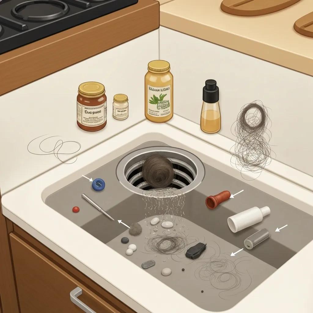 Everyday items like grease, hair, and small objects that commonly cause drain clogs