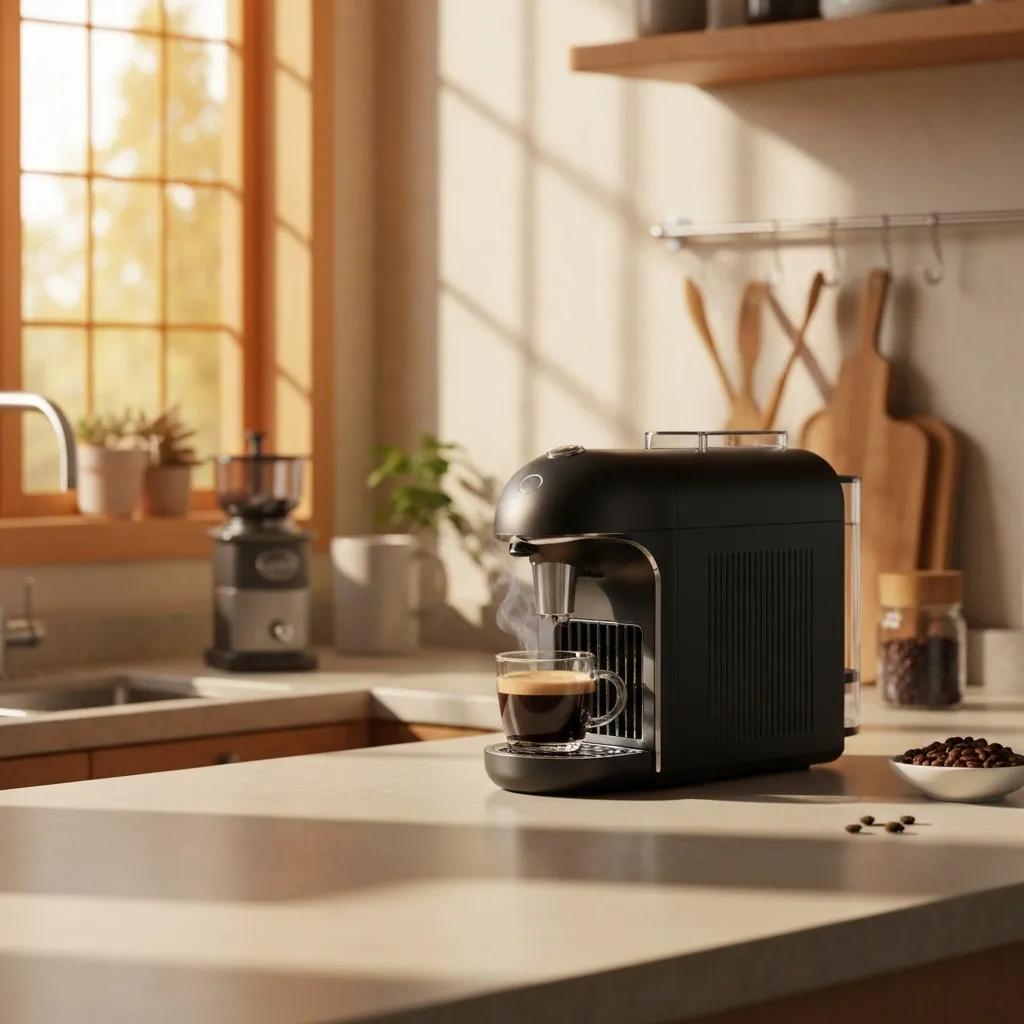 Compact automatic coffee machine in a modern kitchen, showcasing home brewing convenience