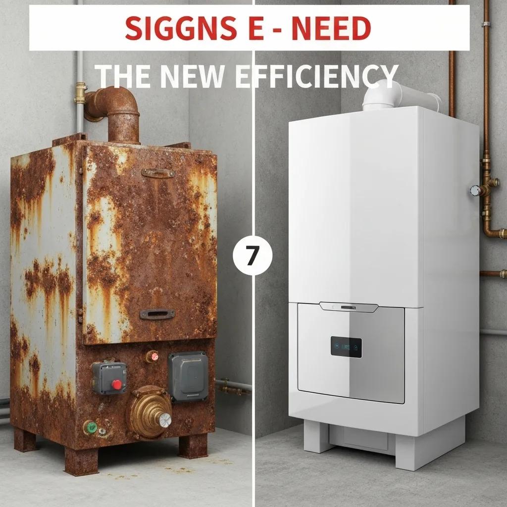 A visual comparison showing an old, worn boiler next to a new, sleek model, highlighting indicators for replacement
