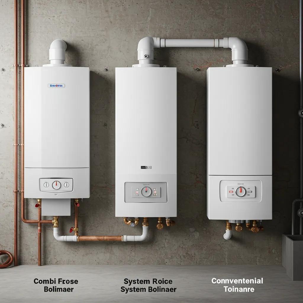 Comparison of combi, system, and conventional boilers in a realistic setting, showcasing their unique features