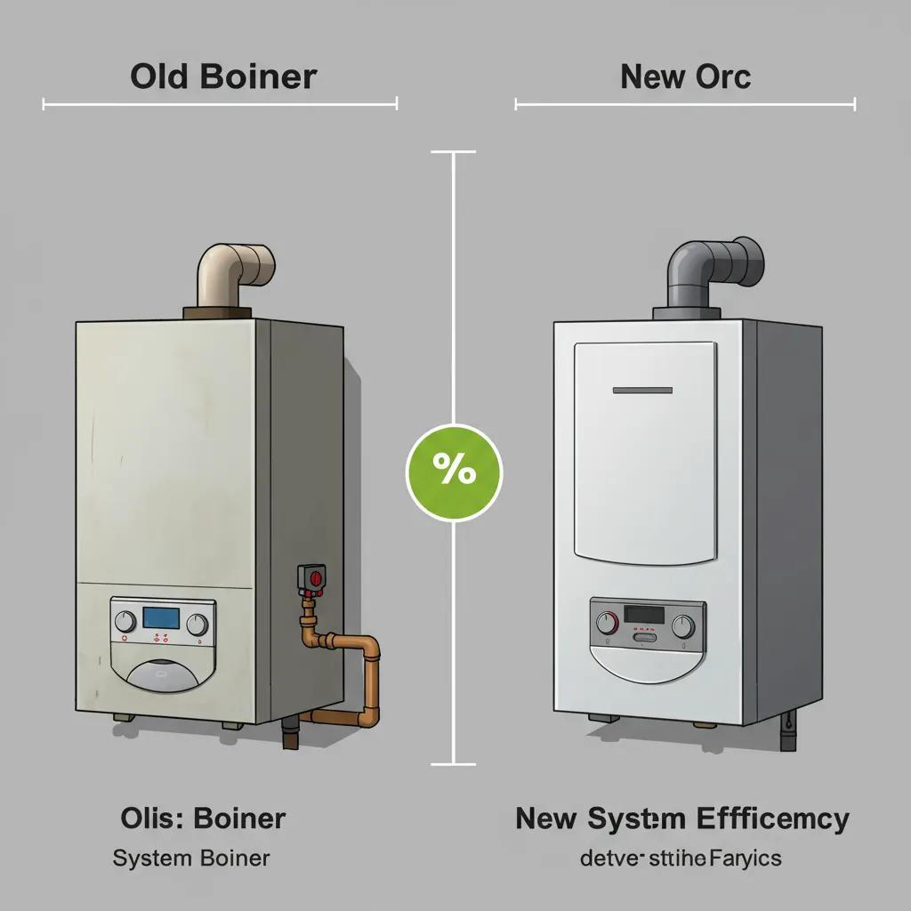 Visual comparison of energy efficiency between an old boiler and a new system boiler, highlighting potential savings
