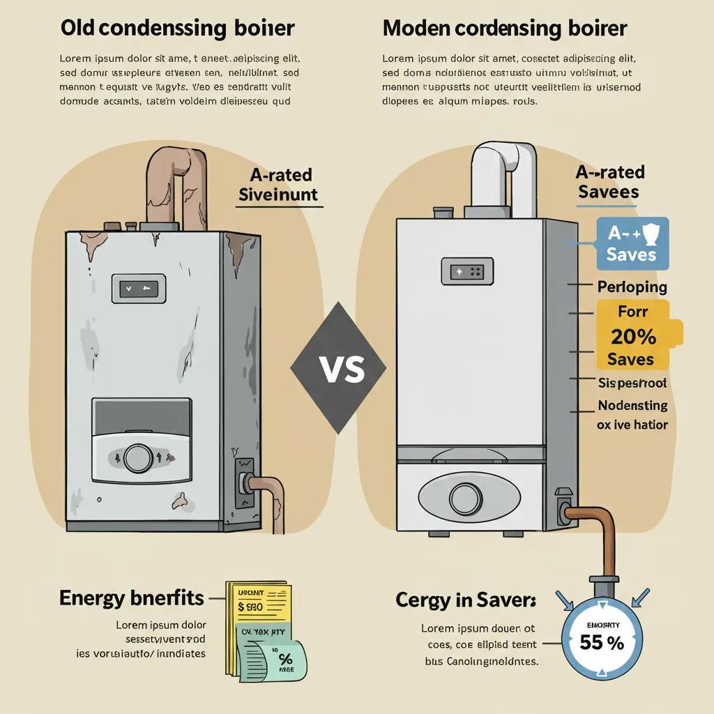 A visual comparison showing an older, less efficient boiler next to a modern, energy-saving model, highlighting potential cost savings