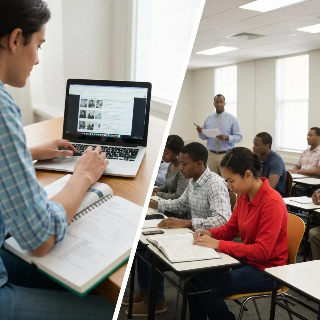 A visual comparison highlighting the differences between online and in-person learning environments for the 5-hour pre-licensing course