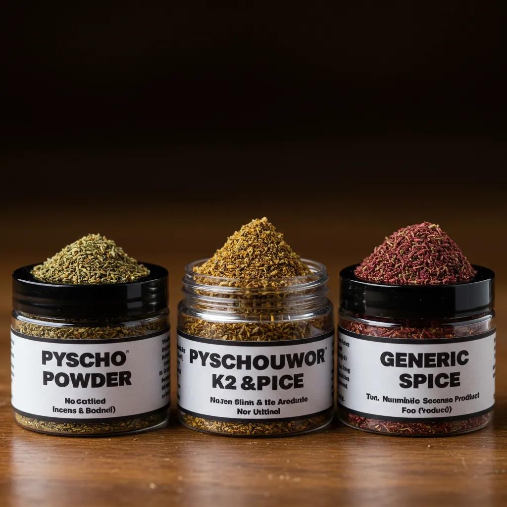 A visual comparison of Pyscho Powder against standard K2 and Spice products, highlighting differences in texture and color