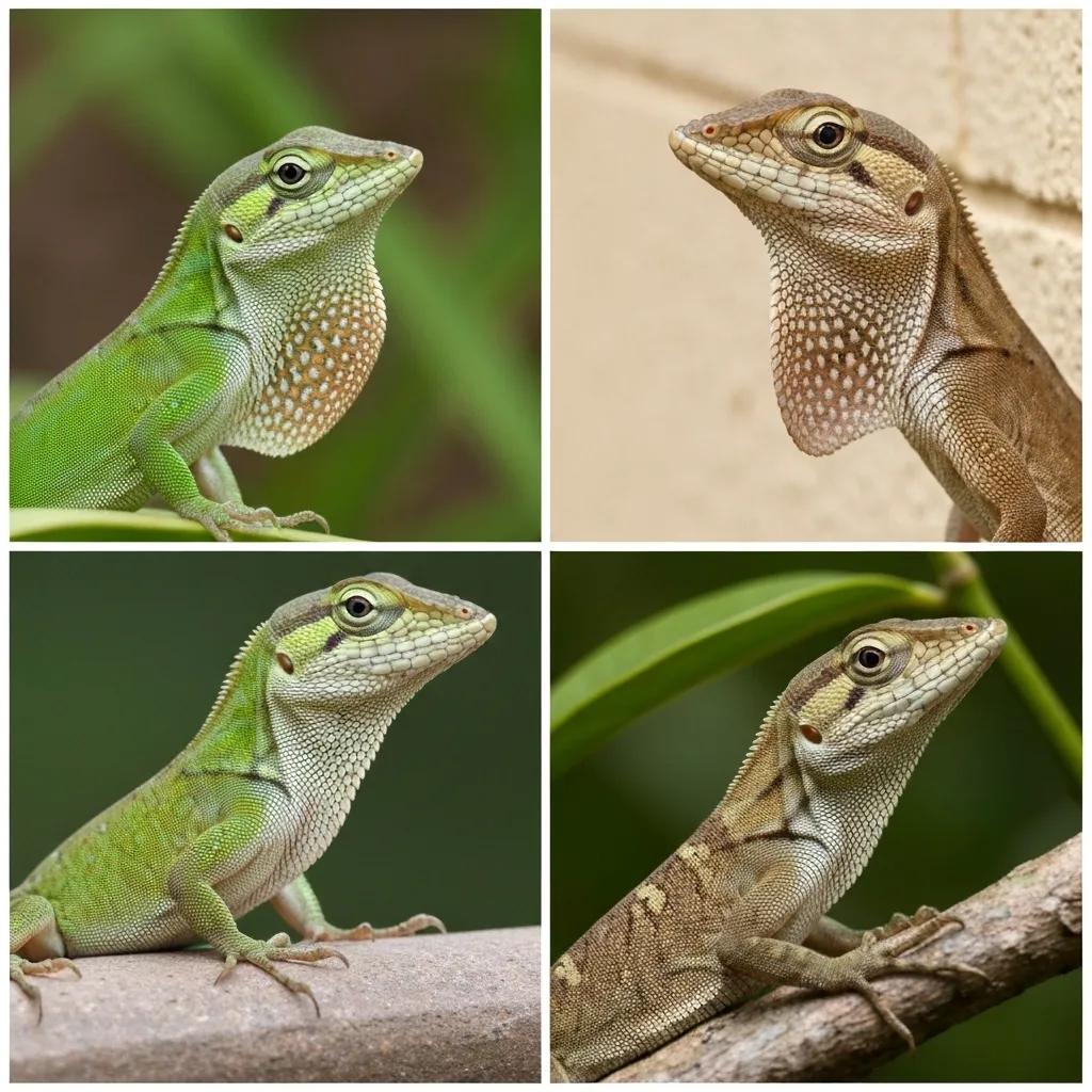 Comparison of three anole species in their natural habitats, highlighting differences in dewlap color and size