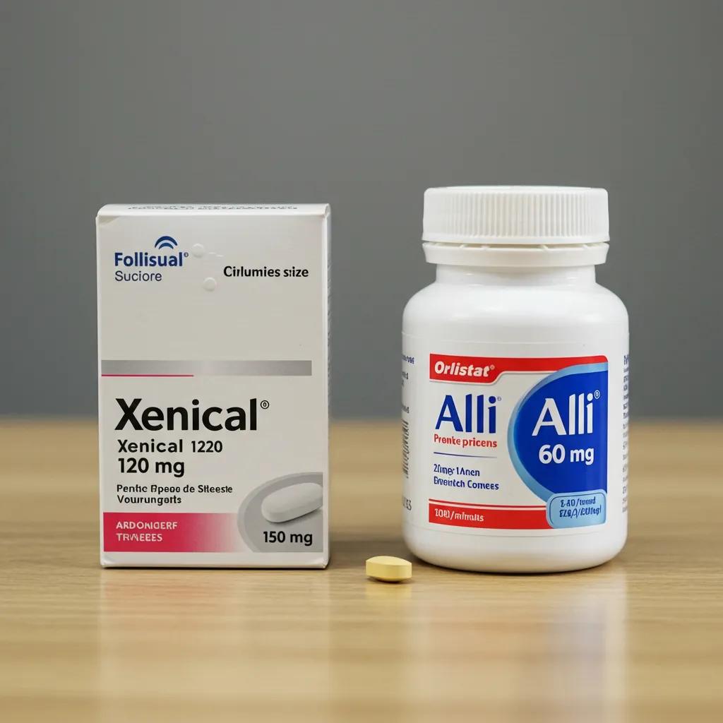 A visual comparison of Xenical 120 mg and Alli 60 mg Orlistat products, highlighting their packaging and key differences