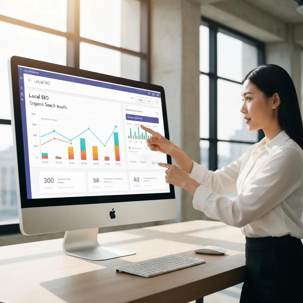 Computer screen showing dashboard of local SEO tool with metrics