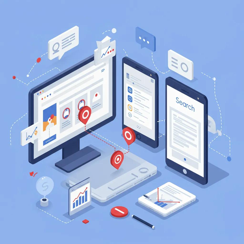 Illustration of responsive web design benefits, featuring a desktop computer and mobile devices displaying search results, analytics graphs, and user interactions, emphasising SEO advantages and mobile-friendly indicators.