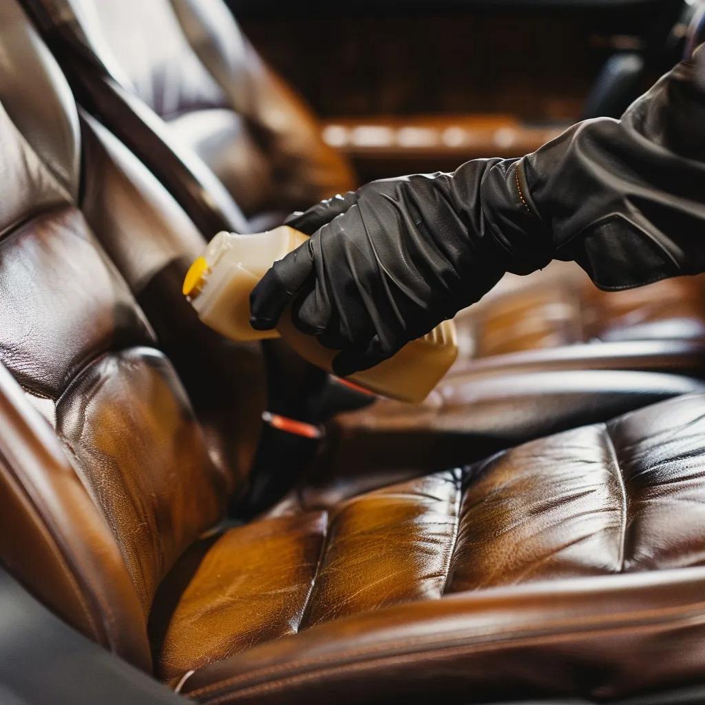 A skilled technician meticulously applies premium leather conditioner to car seats, underscoring the vital role of gentle care in preserving their longevity and beauty A skilled technician meticulously applies premium leather conditioner to car seats, underscoring the vital role of gentle care in preserving their longevity and beauty
