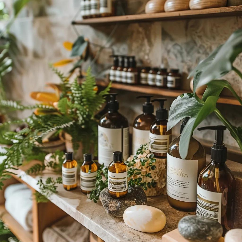 Organic shampoos and conditioners displayed on a bathroom shelf with natural decor, emphasizing their benefits