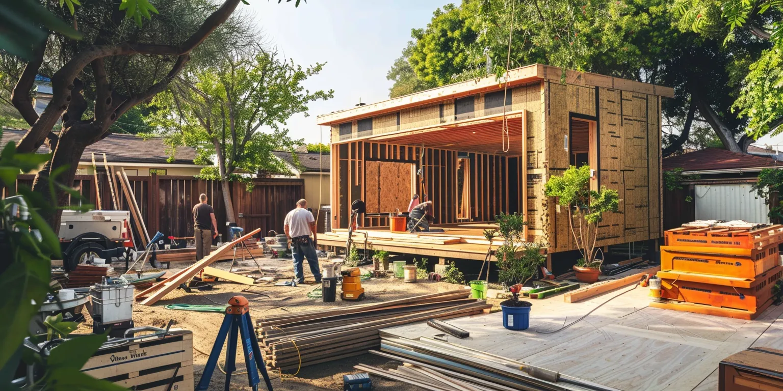 Construction site featuring workers building an accessory dwelling unit (ADU) with wooden framing, surrounded by tools and materials, emphasizing home remodeling services in Santa Monica.