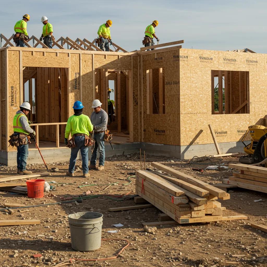 Active construction site in Coastal Bend, showing skilled workers and essential building materials