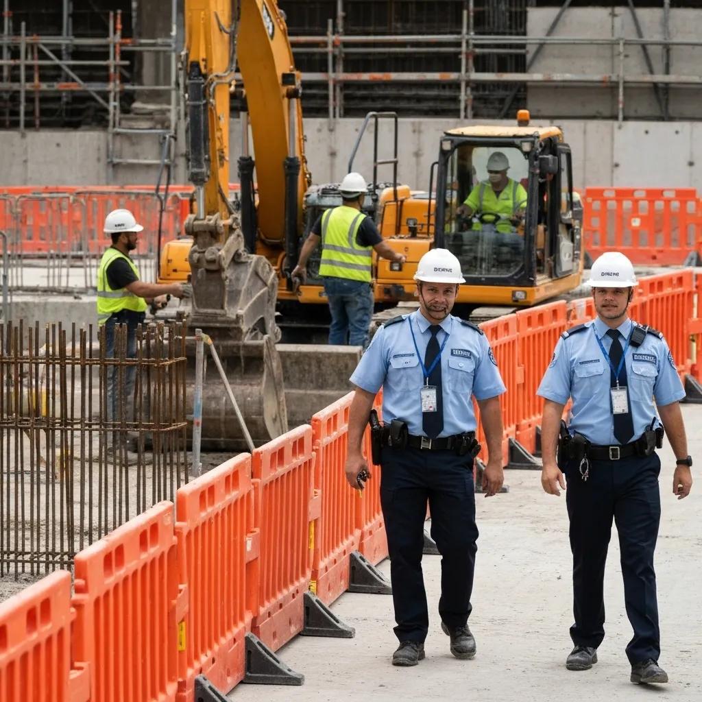 Construction site security guards monitoring equipment and personnel Construction site security guards monitoring equipment and personnel