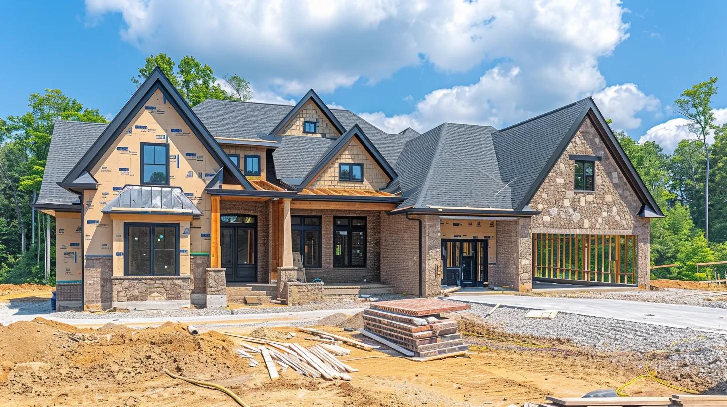Custom home under construction in Fargo, featuring a blend of stone and wood siding, modern roofing, and surrounded by building materials, emphasizing expert craftsmanship and local compliance.