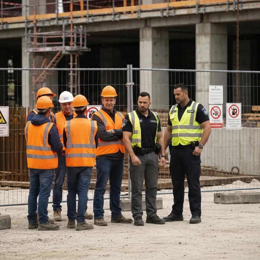 Construction workers and security guards ensuring safety and OSHA compliance Construction workers and security guards ensuring safety and OSHA compliance