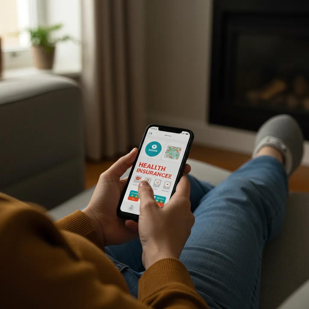 Consumer using a health insurance app on a smartphone in a cozy home environment, emphasizing user experience
