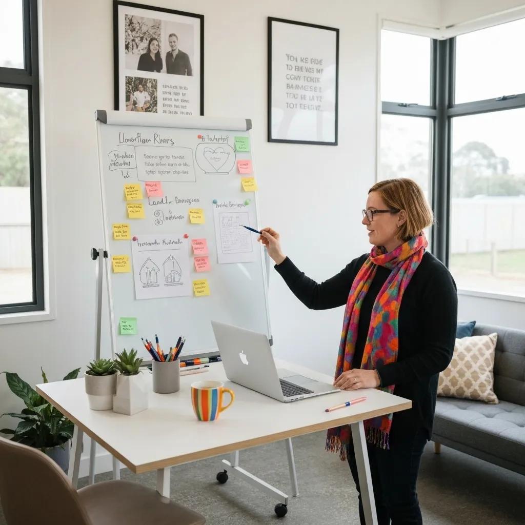 A content marketer brainstorming ideas in a creative workspace, with a focus on Northern Rivers local businesses