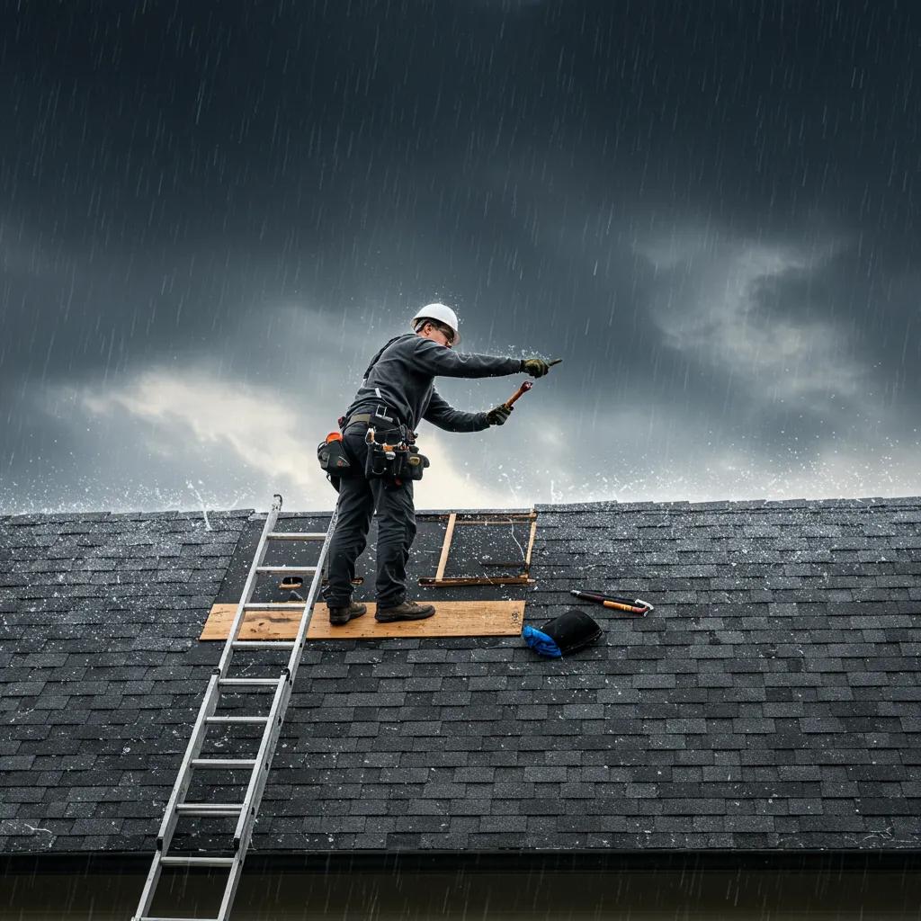 Contractor addressing a roofing emergency during a rainstorm Contractor addressing a roofing emergency during a rainstorm