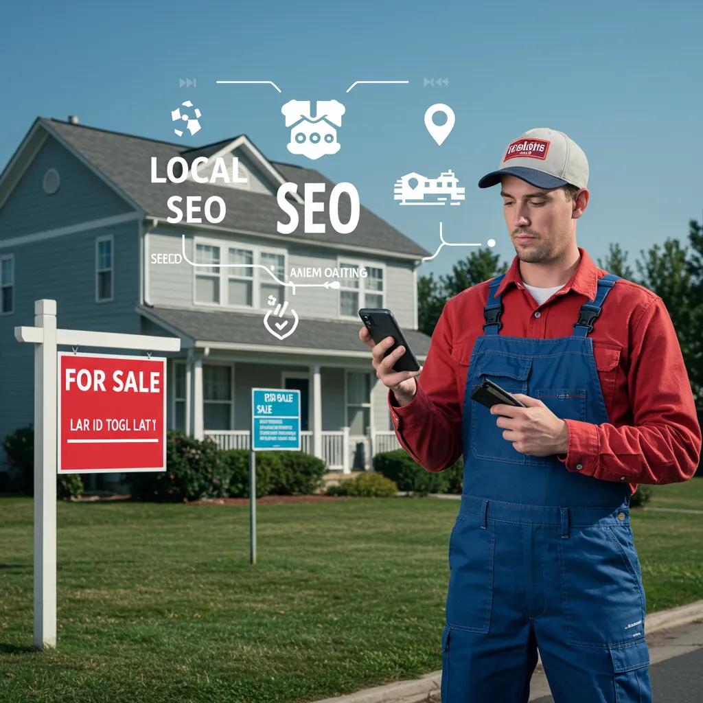 A contractor reviewing local SEO performance metrics on a laptop, with a house in the background, to boost lead generation