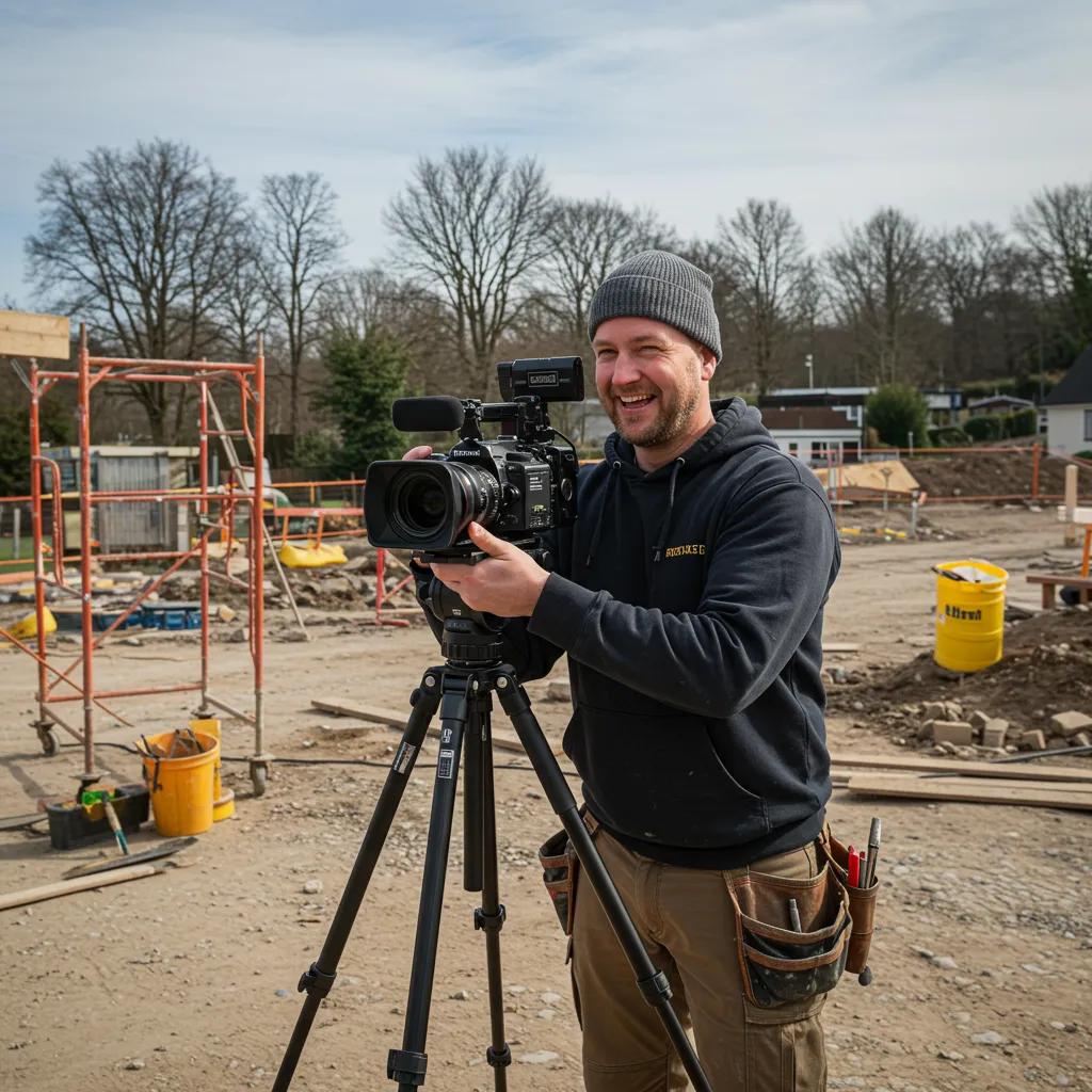 Contractor filming a project walkthrough on a construction site with a professional camera